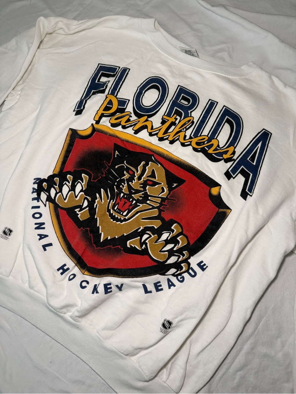 Vintage Florida Panthers White Sweatshirt with Red, Gold and Navy Graphic